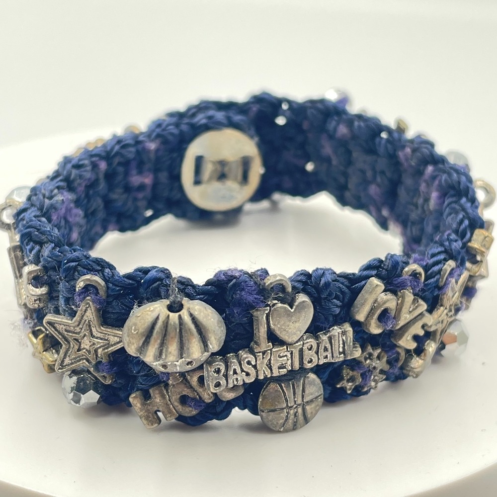 Vintage Y2K Navy Blue Crooked Cords Crochet Charm Bracelet I Love Basketball